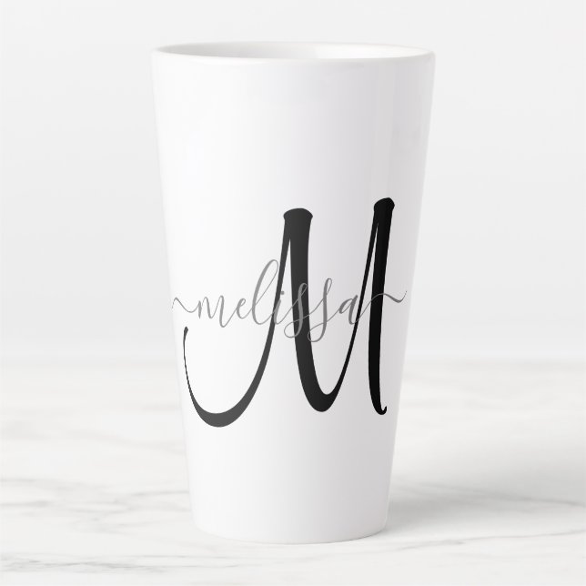 Simple Black Monogram Gray Script Name Custom Latte Mug (Front)