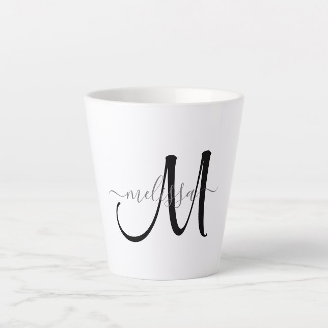 Simple Black Monogram Gray Script Name Latte Mug (Front)