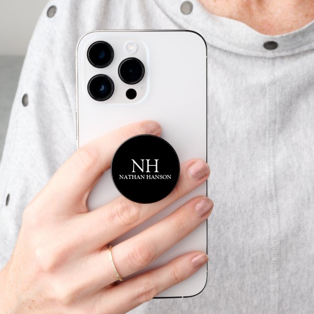 Simple Black Monogram Modern PopSocket (Hand)