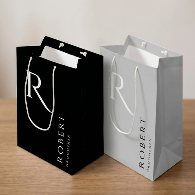 Simple Black Monogram Personalized Groomsmen Mediu Medium Gift Bag (Creator Uploaded)