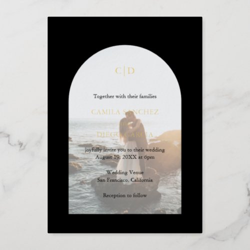 Simple Black Monogram Photo Arch Modern Wedding Foil Invitation
