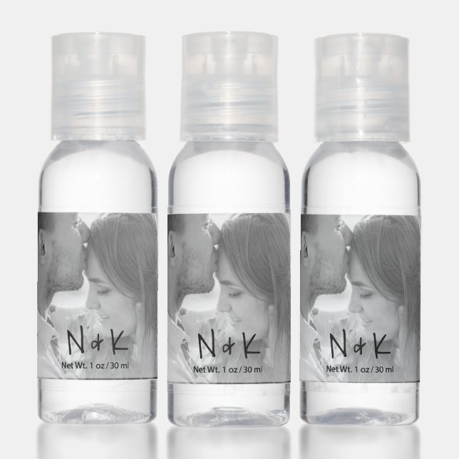 Simple Black Monogram Photo Wedding Favor Hand Sanitizer (Set)