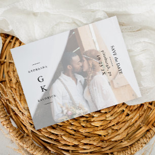 Simple Black Monogram Photo Wedding Save the Date Postcard