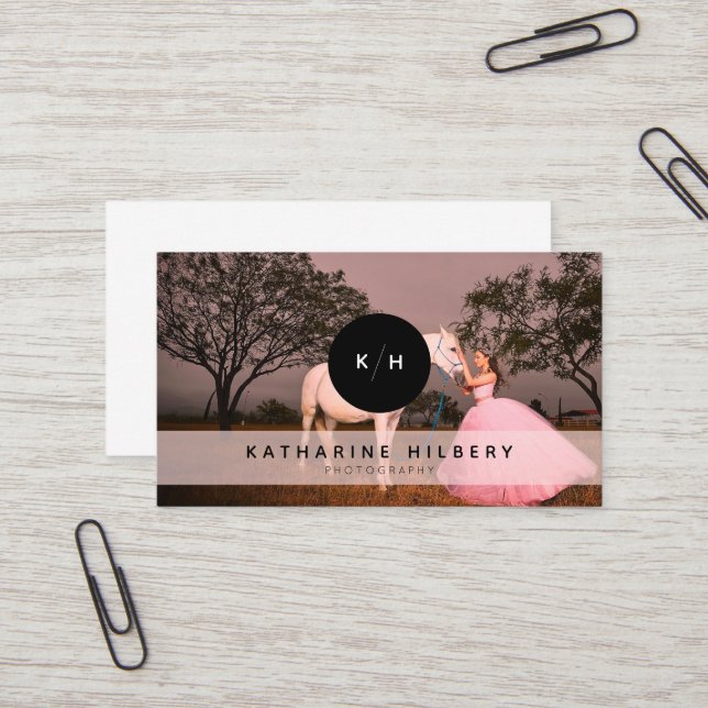 Simple Black Monogram Photographer Business Card (Front/Back In Situ)