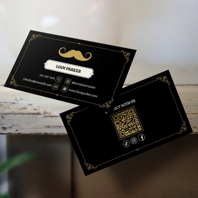 Simple Black Mustache Barber Shop Connect with us Business Card (Creator Uploaded)