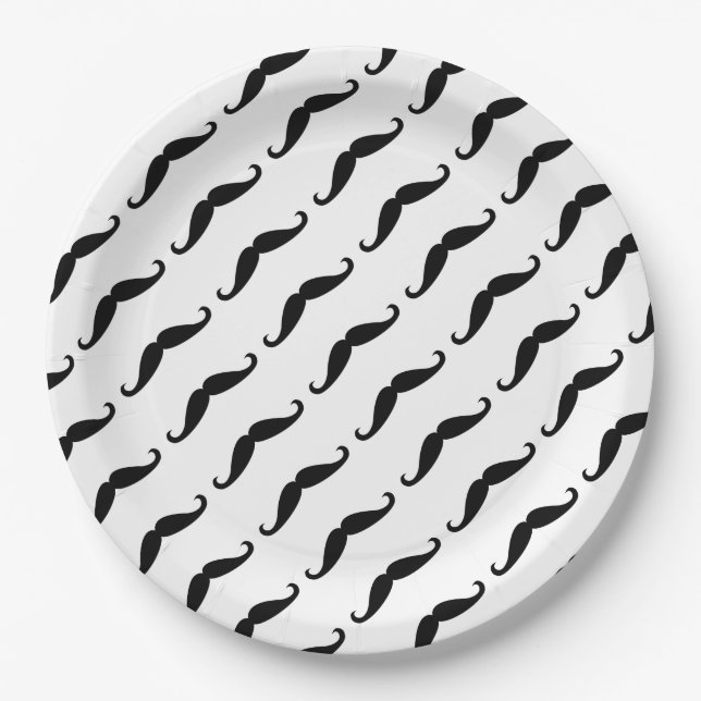 Simple Black mustache pattern on white moustache  Paper Plates (Front)