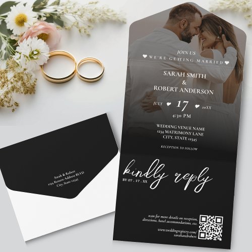 Simple Black Newlywed Photo QR Code Wedding All In One Invitation