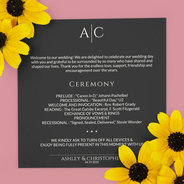 Simple Black Noir Monogram Wedding Ceremony Program (Creator Uploaded)