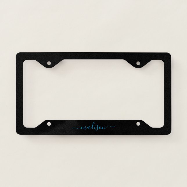 Simple Black Ocean Blue Girly Feminine Script Name License Plate Frame (Front)