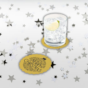Simple Black on Gold Merry Christmas Paper Coaster