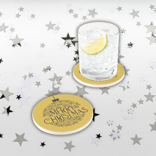 Simple Black on Gold Merry Christmas Sandstone Coaster