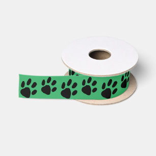 Simple Black Paw Print on Green Satin Ribbon