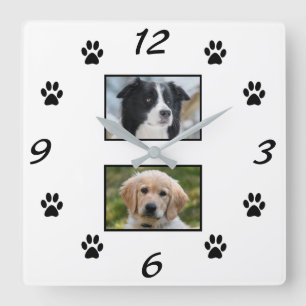 Simple Black Paw Print Pet 2 Photo Collage Square Wall Clock