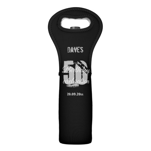 Simple Black Personalised 50th Any Birthday Party  Wine Bag (Front)