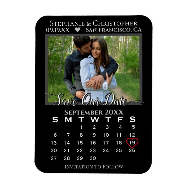 Simple Black Photo Calendar Save Our Date Wedding Magnet (Vertical)