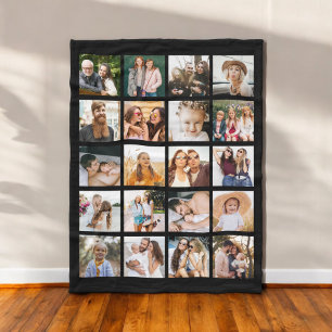 Simple Black Photo Collage 20 Picture Personalized Fleece Blanket