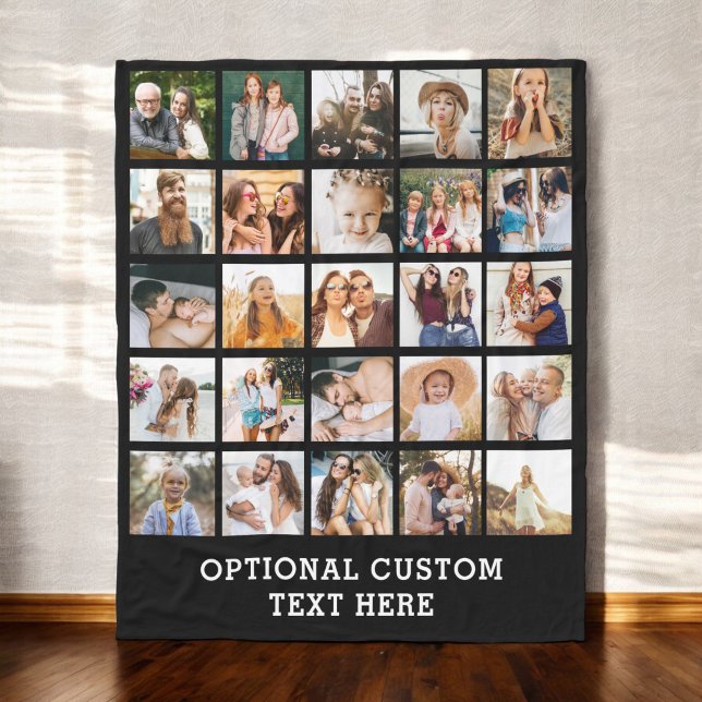 Simple Black Photo Collage 25 Picture Personalized Fleece Blanket (Creator Uploaded)