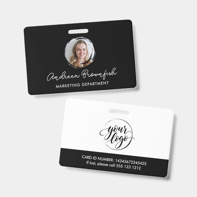 Simple Black Photo Logo Script Employee ID Access Badge (Front & Back)
