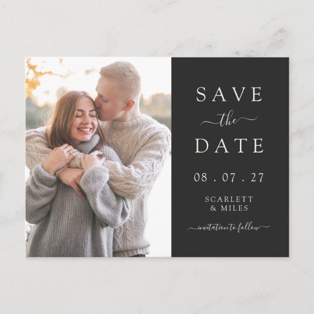 Simple Black Photo Save The Date Wedding Announcement Postcard (Front)
