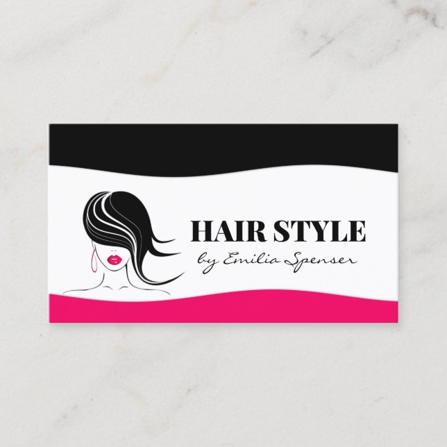 Simple Black & Pink Design Layout Hair Stylist Business Card (Front)