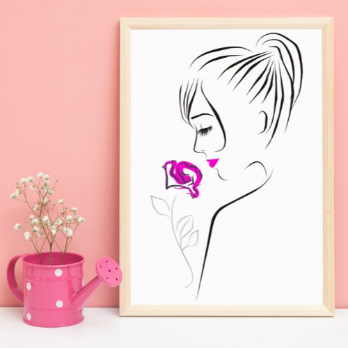 Simple Black Pink Girl with a Rose Lineart Graphic Poster