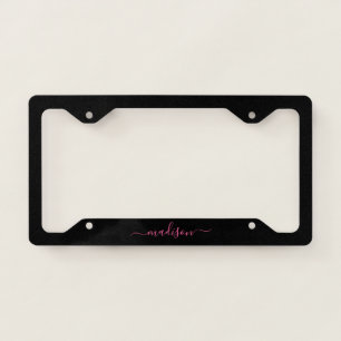 Simple Black Pink Girly Feminine Chic Script Name License Plate Frame
