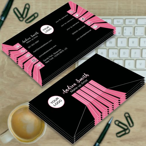 Simple Black Pink Girly Social Media Icons Custom  Business Card