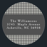 Simple Black Plaid Christmas Return Address Classic Round Sticker<br><div class="desc">Add a charming touch to your mail with this classic gingham return address sticker. Featuring a timeless black-and-white checkered pattern with elegant typography,  this customizable sticker is perfect for wedding invitations,  holiday cards,  or everyday correspondence. Personalize it with your name and address for a polished finishing touch!</div>