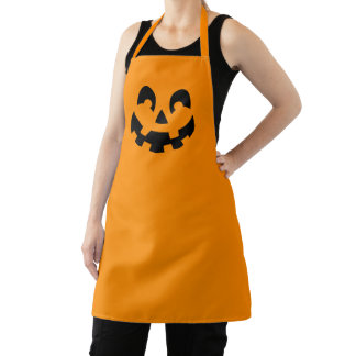 Simple Black Pumpkin Face On Orange Halloween Apron