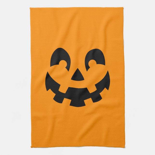 Simple Black Pumpkin Face On Orange Halloween Kitchen Towel (Vertical)