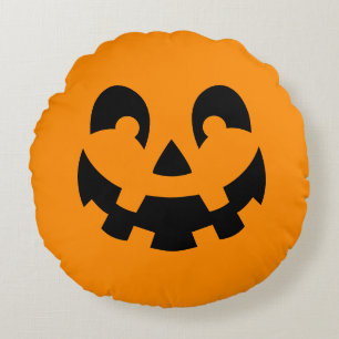 Simple Black Pumpkin Face On Orange Halloween Round Pillow
