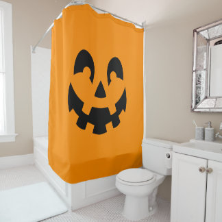 Simple Black Pumpkin Face On Orange Halloween Shower Curtain