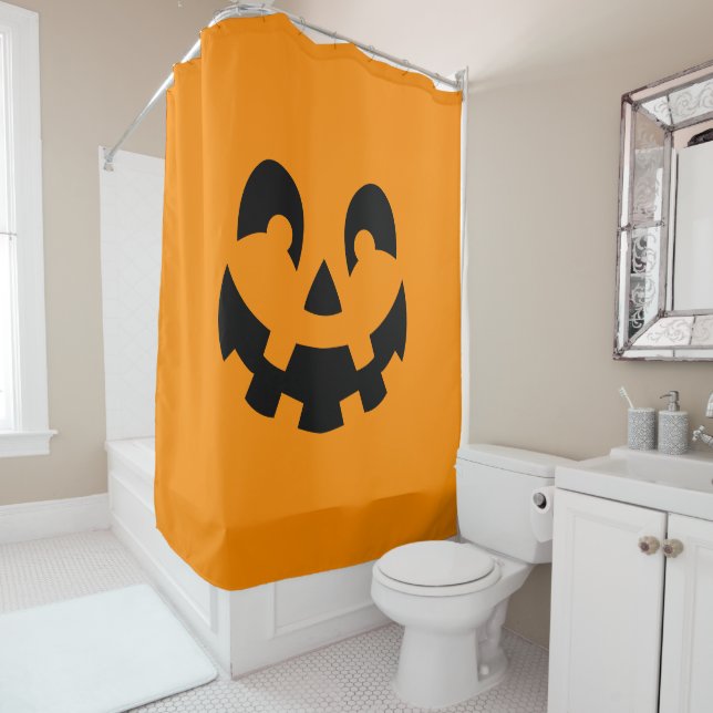 Simple Black Pumpkin Face On Orange Halloween Shower Curtain (In Situ)