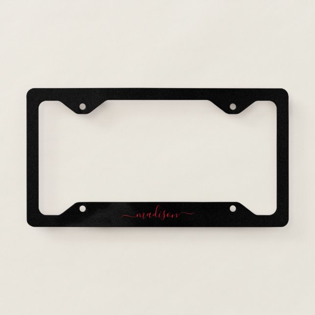 Simple Black Red Girly Feminine Chic Script Name License Plate Frame (Front)