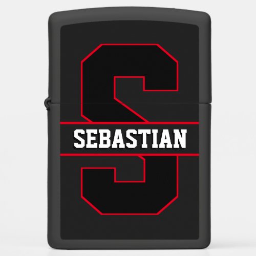 Simple Black Red Personalized Monogram Sporty Zippo Lighter