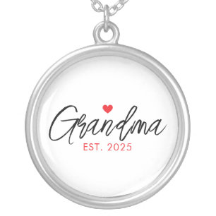 Simple Black & Red Typography New Grandma Silver Plated Necklace