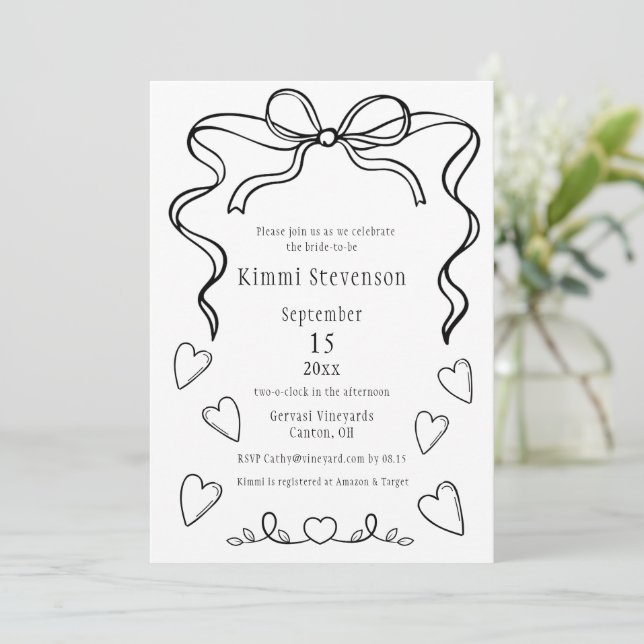 Simple Black Ribbon Heart Bridal Shower Invitation (Standing Front)
