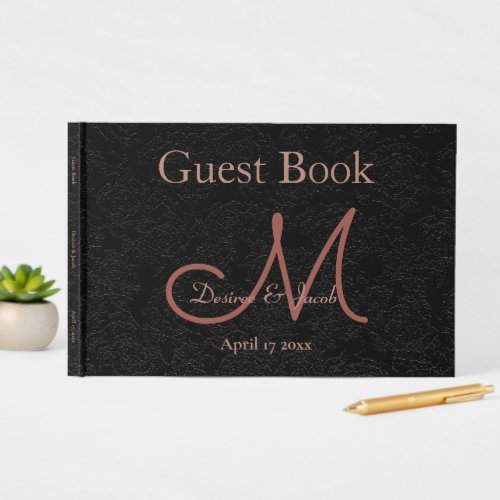 Simple Black Rose Gold Elegant Wedding Monogram Guest Book