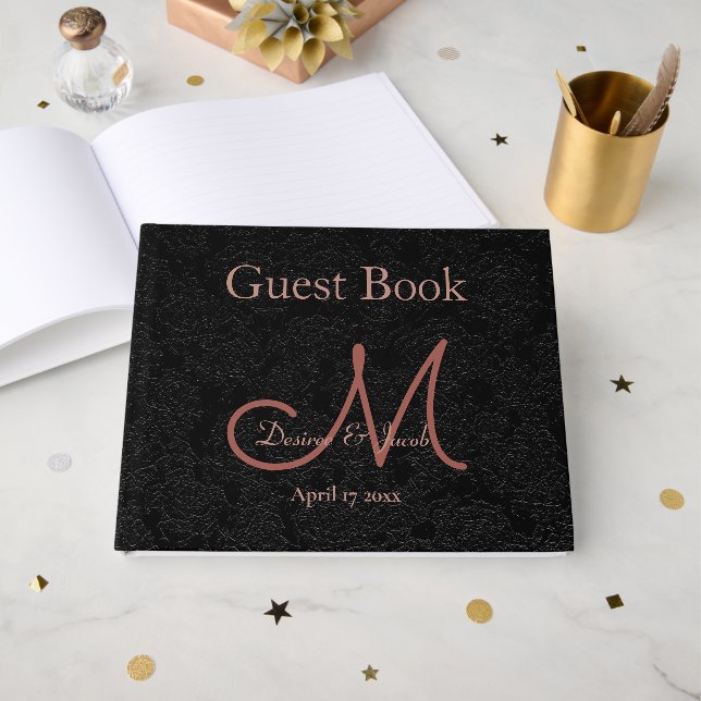 Simple Black Rose Gold Elegant Wedding Monogram Guest Book (Front Open)