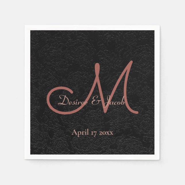 Simple Black Rose Gold Elegant Wedding Monogram Napkins (Front)