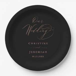 Simple Black Rose Gold Modern Script Wedding Paper Plates