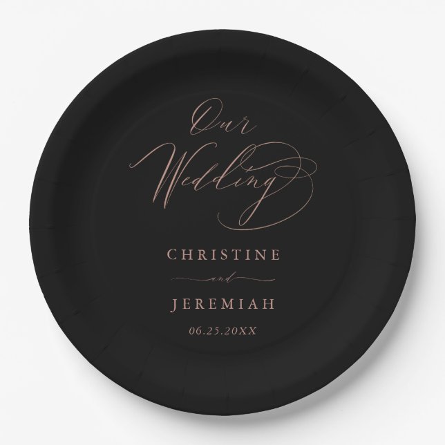 Simple Black Rose Gold Modern Script Wedding Paper Plates (Front)