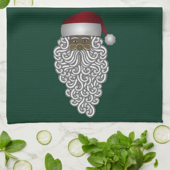 Simple Black Santa Claus Green Christmas Holiday Kitchen Towel (Folded)