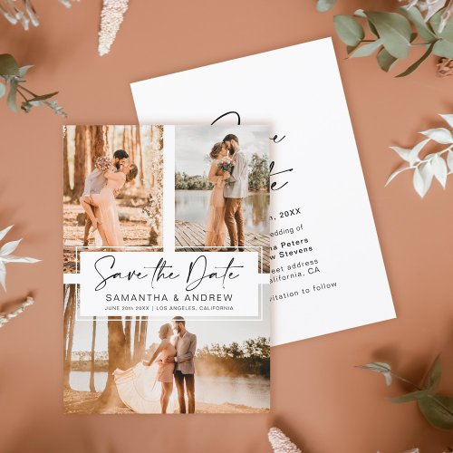 Simple black save the date 3 photo grid collage