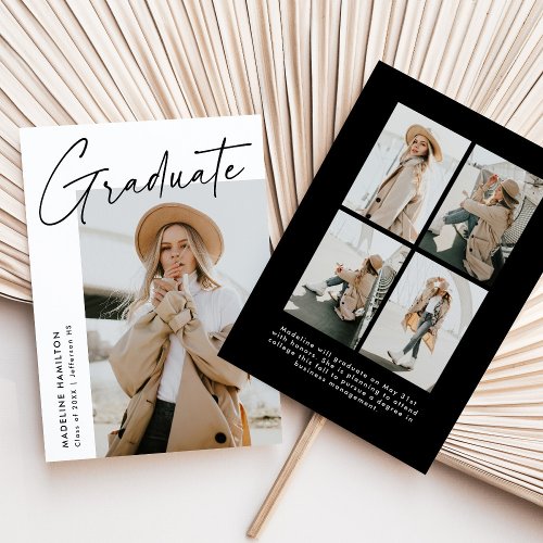 Simple Black Script 5 Photo Collage Graduation Announcement