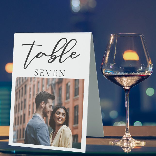 Simple Black Script Couple Photo Wedding Number Table Tent (Creator Uploaded)