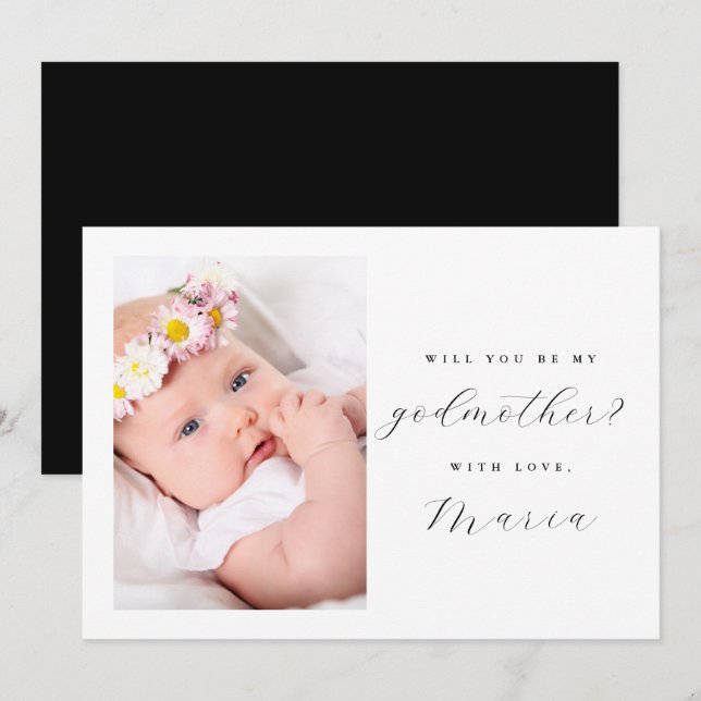 Simple Black Script Godmother Proposal Photo Black Invitation (Front/Back)