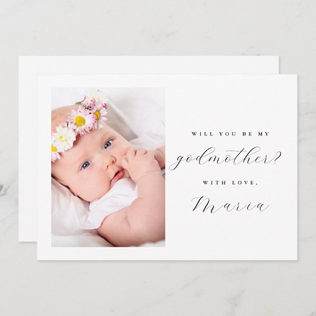 Simple Black Script Godmother Proposal Photo Invitation (Front/Back)