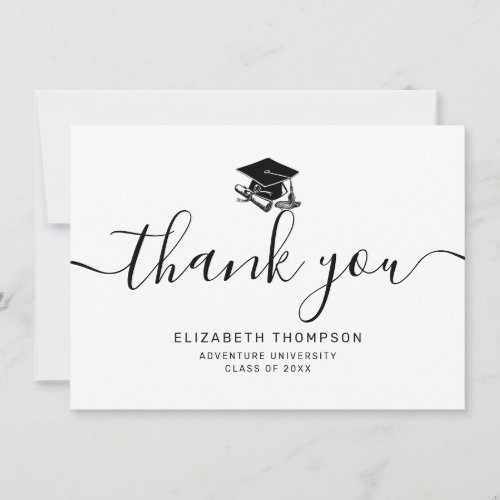 Simple Black Script Grad Cap Graduation Thank You Card