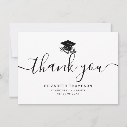 Simple Black Script Grad Cap Graduation Thank You Card | Zazzle.com